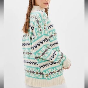 American Eagle Chunky Oversized Ivory Knit Sweater Fairisle Mock Neck Norway